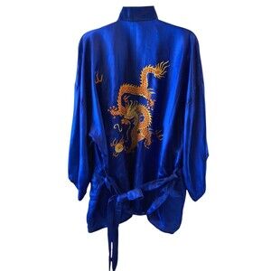 VTG Golden Dragon 100% Silk Embroidered Dragon Robe Blue Kimono Size XL